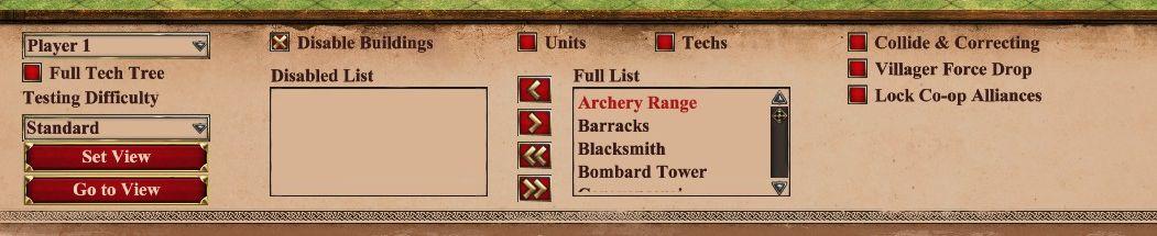 scenario editor: disabled technologies and buildings for each player from Age of Empires 2 Definitive Edition UI screenshot (English)