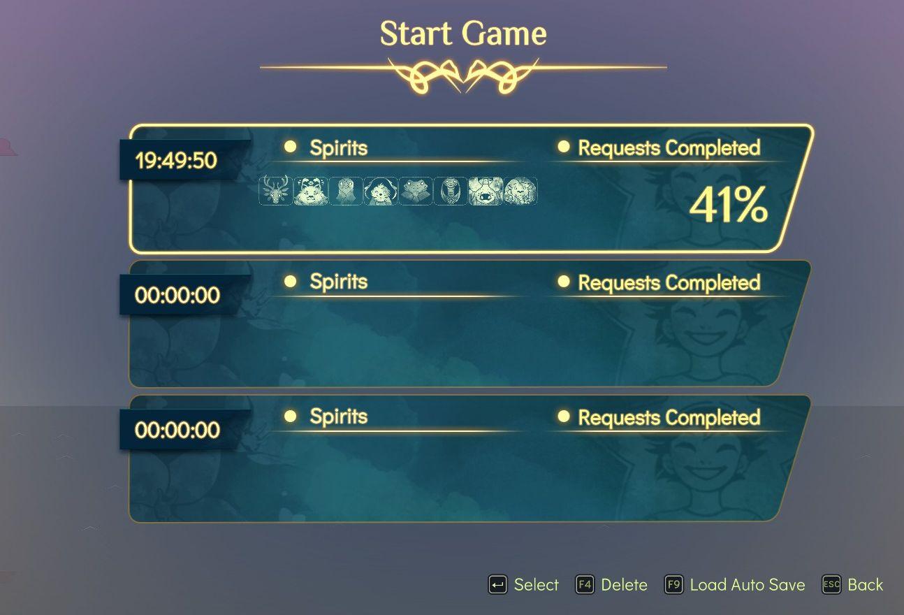 start game or load game, delete save, game progression from Spiritfarer: Farewell Edition UI screenshot (English)