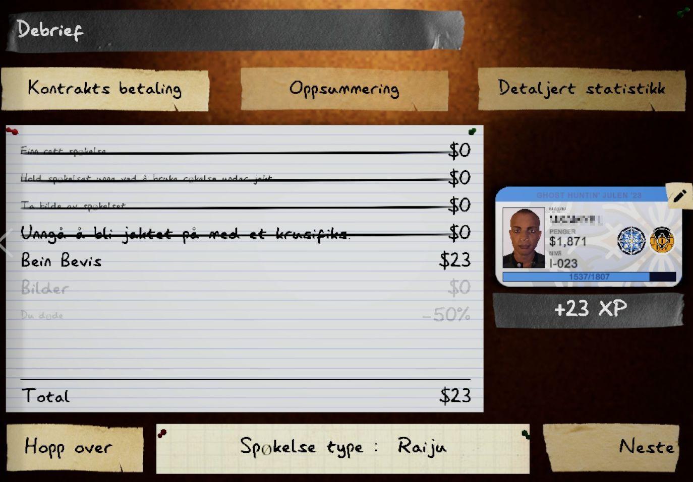 debrief, hopp over, spokelse type from Phasmophobia UI screenshot (Norwegian)