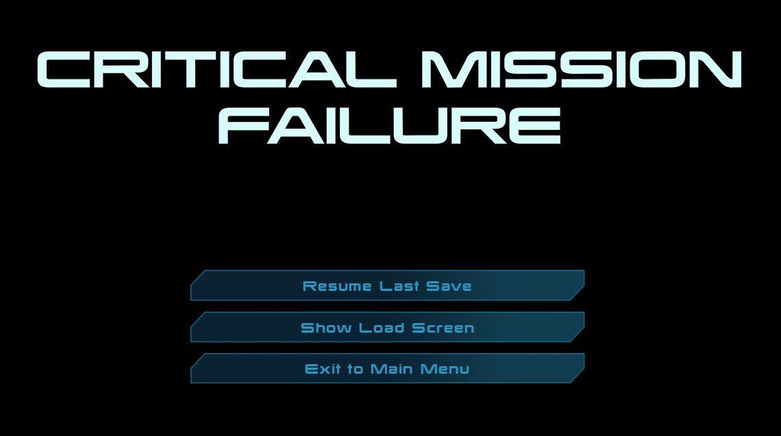 critical mission failure, resume last save or quit from Mass Effect 1 UI screenshot (English)