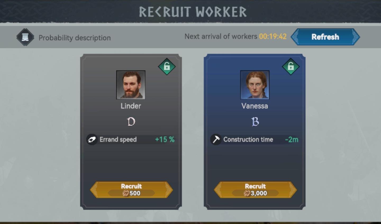 recruit a worker or wait for next arrival of workers from Viking Rise UI screenshot (English)