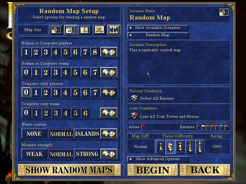 random map setup from Heroes of Might and Magic 3: Complete UI screenshot (English)