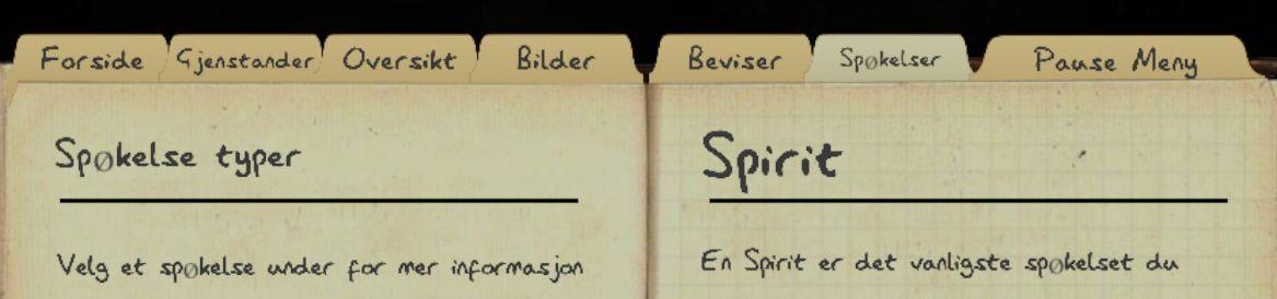 spøkelse typer from Phasmophobia UI screenshot (Norwegian)