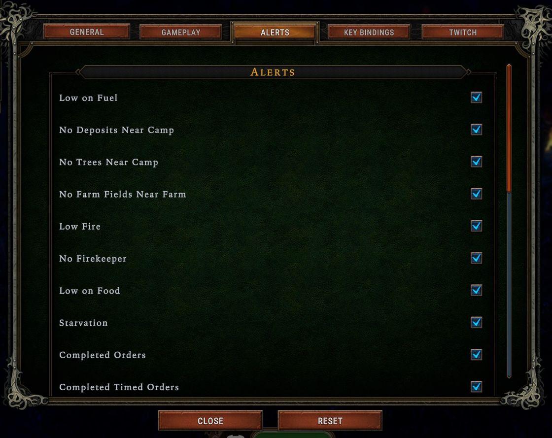 low on food or fuel alert settings from Against the Storm UI screenshot (English)