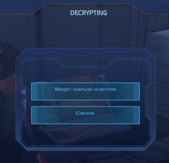 decrypt computer console? begin manual override or cancel from Mass Effect 1 UI screenshot (English)