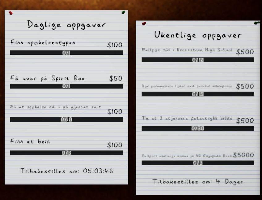 daglige oppgaver, ukentlige oppgaver, tilbakestilles am 4 dager from Phasmophobia UI screenshot (Norwegian)