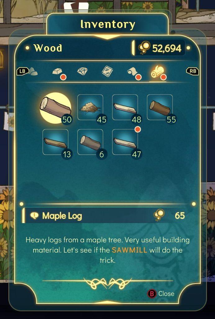 inventory, types of wood from Spiritfarer: Farewell Edition UI screenshot (English)