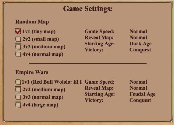 ranked lobby game settings (single or multiplayer, map size) from Age of Empires 2 Definitive Edition UI screenshot (English)