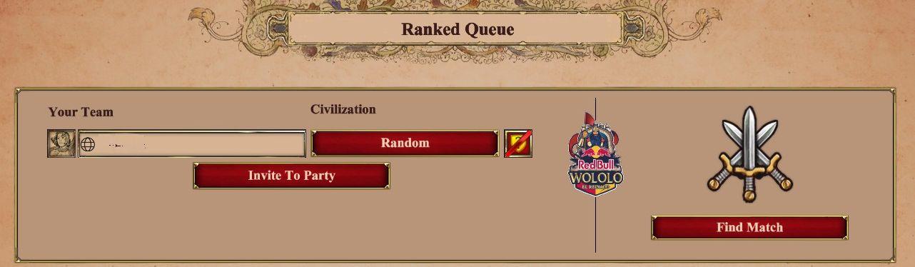 ranked queue: find match, invite players to party, choose civilization from Age of Empires 2 Definitive Edition UI screenshot (English)