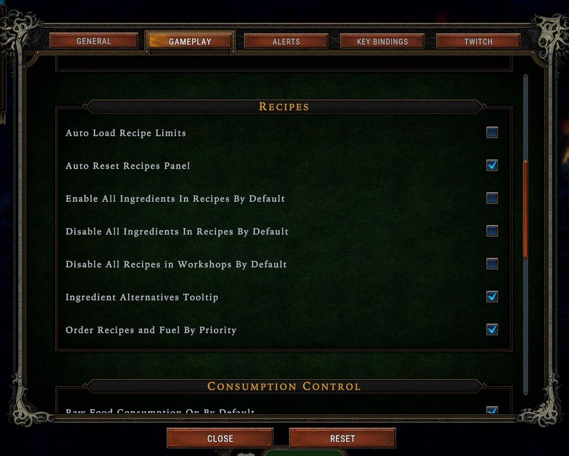 enable or disable all ingredients in recipe by default from Against the Storm UI screenshot (English)