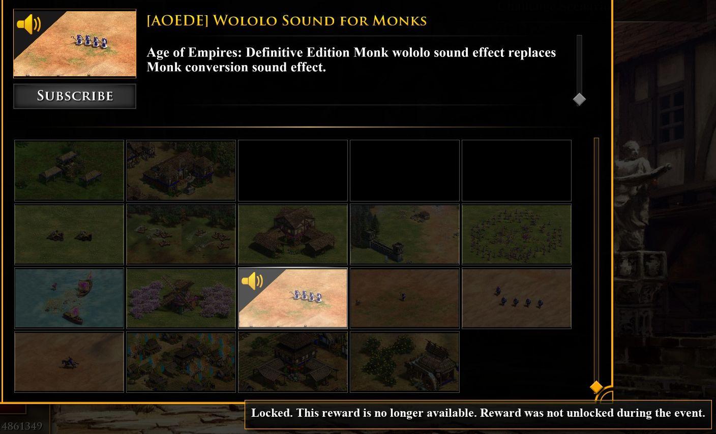 event mods: replace monk sound with aoe1 wololo from Age of Empires 2 Definitive Edition UI screenshot (English)