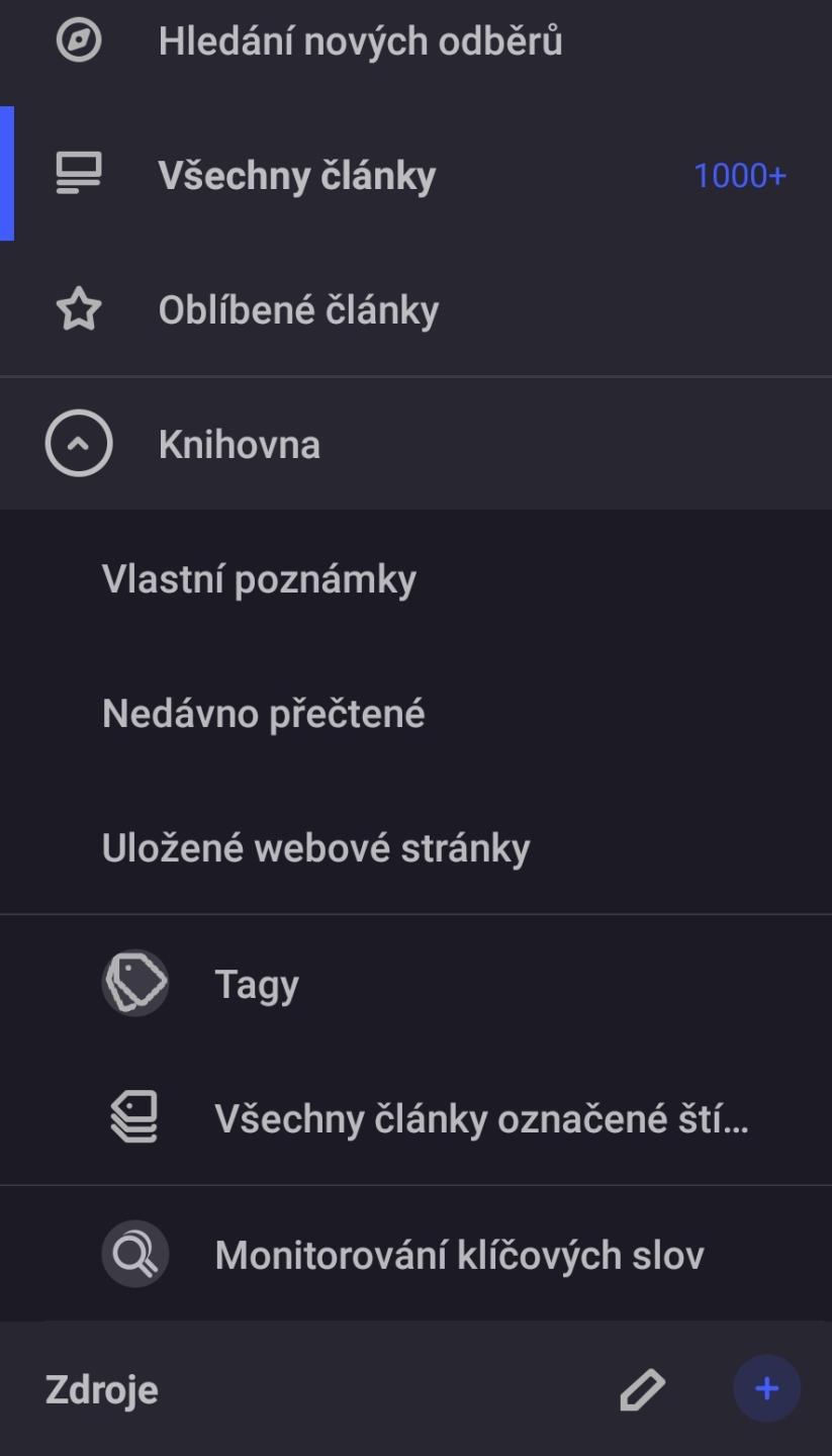 hledání nových kanálů, odběrů, oblíbené články, nedávno přečtené from Inoreader UI screenshot (Czech)