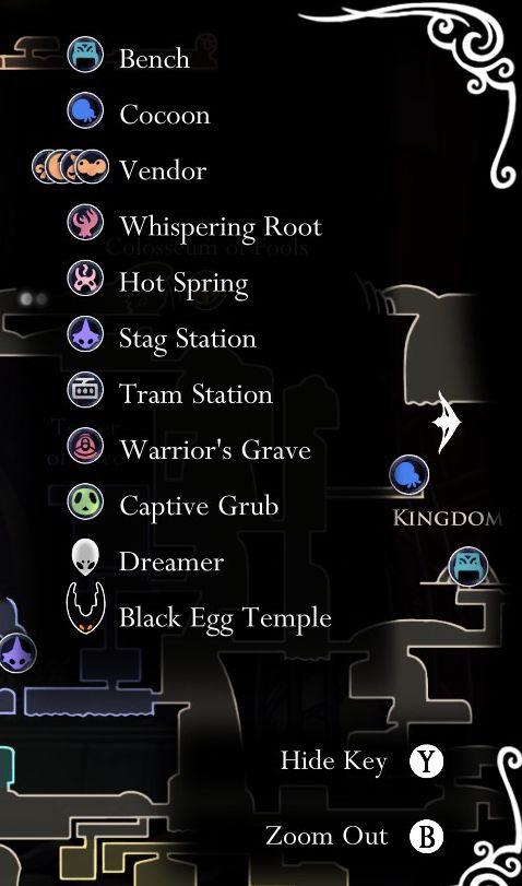 hollow knight map keys, hide keys, vendors or hot spring locations from Hollow Knight UI screenshot (English)