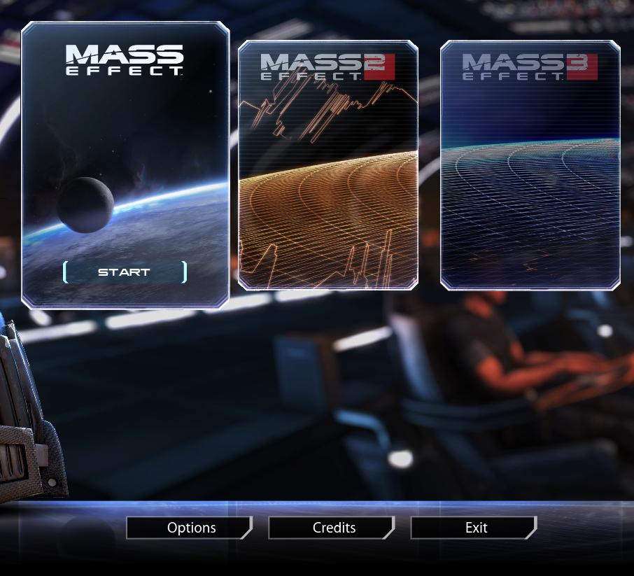 launcher (select game, options, exit) from Mass Effect Legendary Edition UI screenshot (English)