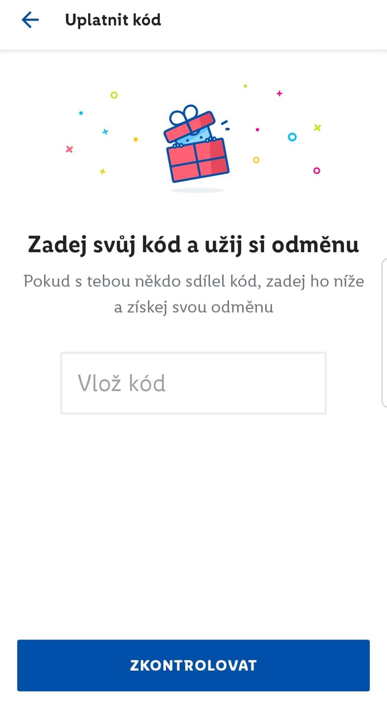 kupónová aplikace uplatnit kód zkontrolovat from Lidl Plus UI screenshot (Czech)