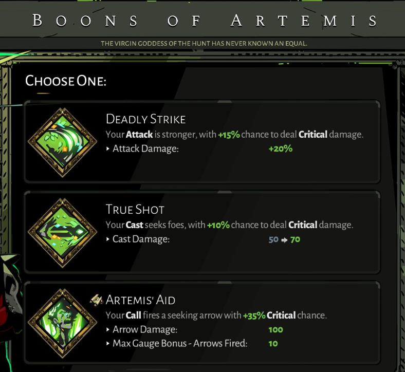 boons of artemis from Hades UI screenshot (English)