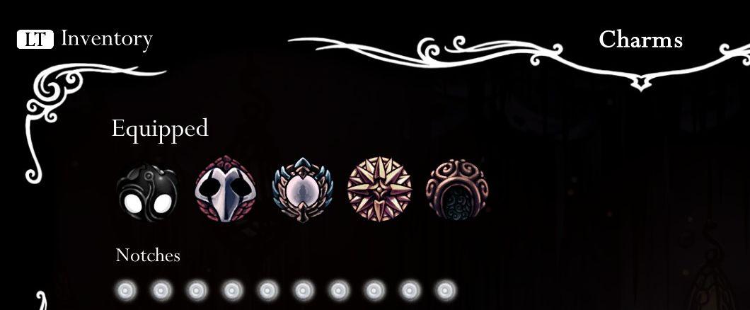 equipped charms and available notches from Hollow Knight UI screenshot (English)