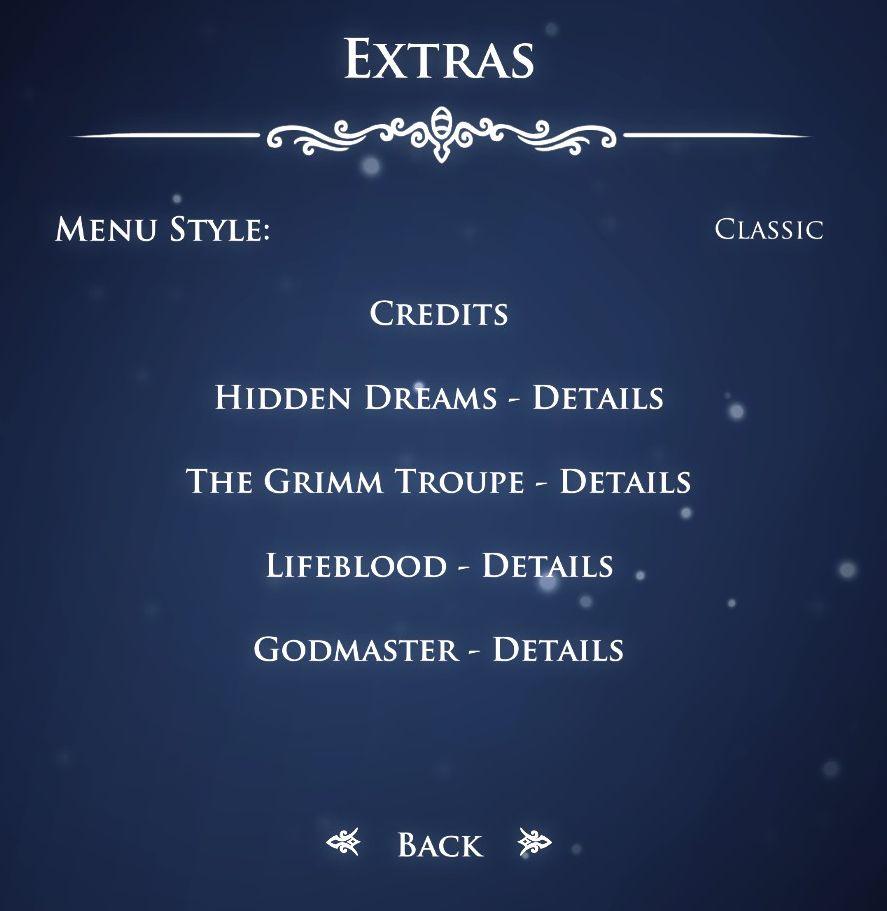 set menu style in the extras settings from Hollow Knight UI screenshot (English)