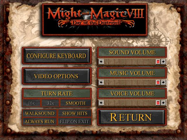 options (settings menu) from Might and Magic 8: Day of the Destroyer UI screenshot (English)