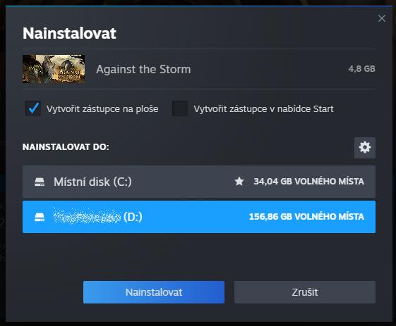 Steam nainstalovat hru, volného místa, vybrat disk from Steam UI screenshot (Czech)