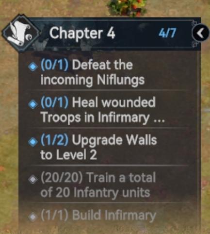 chapter 4 quests, defeat enemies, heal troops, upgrade walls from Viking Rise UI screenshot (English)