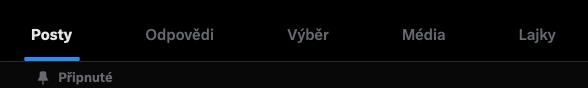twitter kategorie příspěvků odpovědi média výběr lajky připnuté from Twitter/X UI screenshot (Czech)
