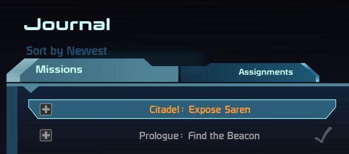 journal (missions & assignments) from Mass Effect 1 UI screenshot (English)