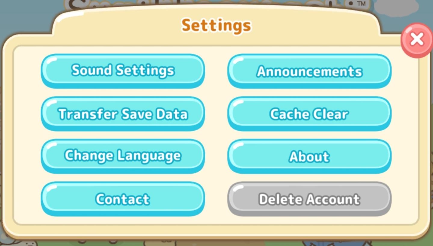 settings dialog (sound, language, about app, contact, delete account) from Sumikko Farm UI screenshot (English)