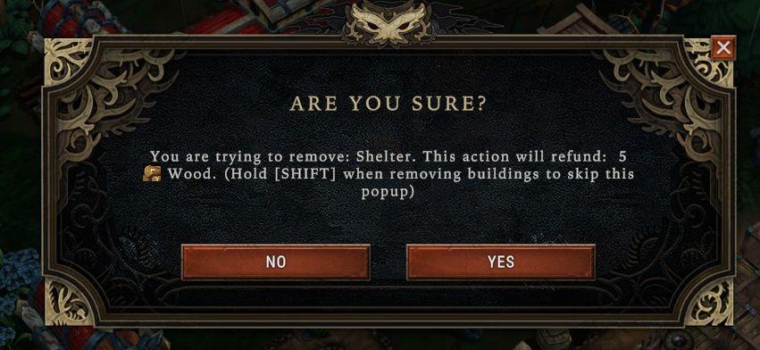 remove shelter and refund wood, are you sure from Against the Storm UI screenshot (English)