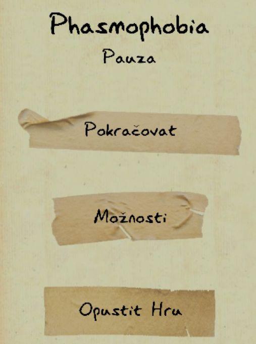 hlavní menu from Phasmophobia UI screenshot (Czech)