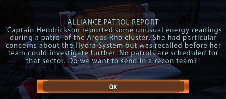 alliance patrol report, ok button from Mass Effect 1 UI screenshot (English)