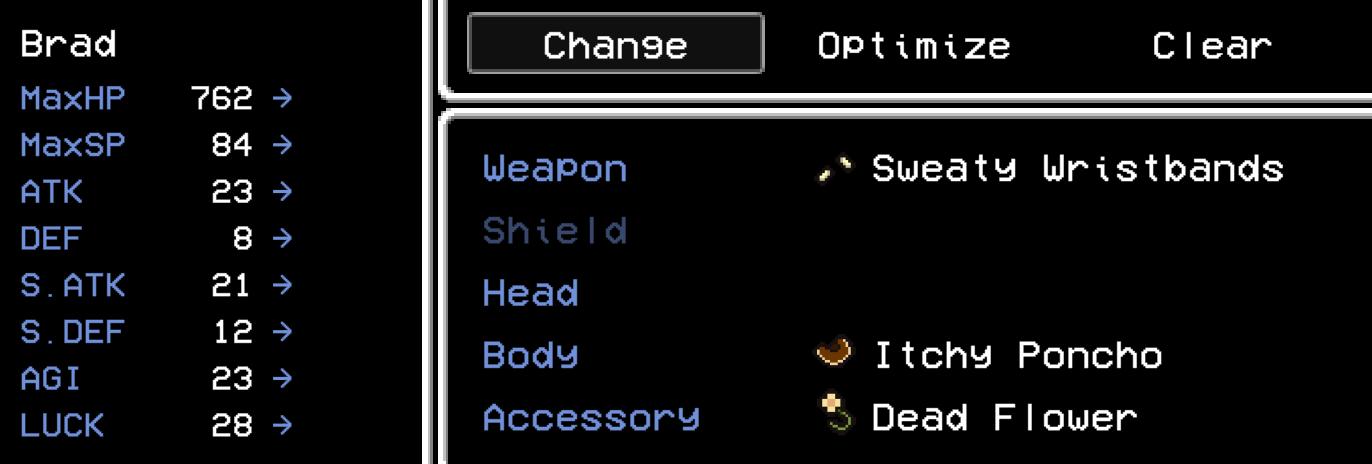 Brad's profile - attack, defense from LISA: The Painful - Definitive Edition UI screenshot (English)