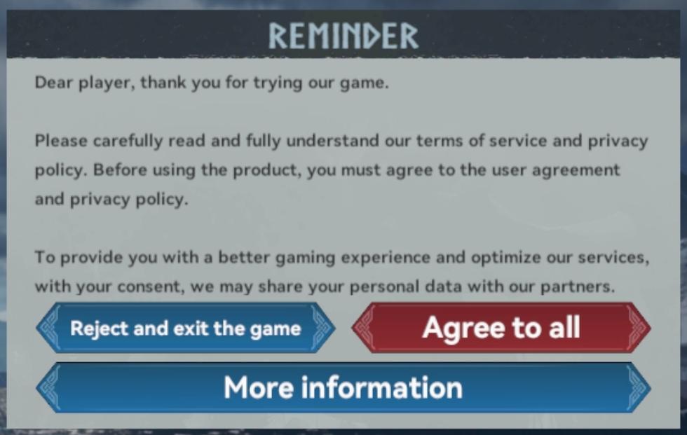 Agree to privacy policy or reject all and exit game from Viking Rise UI screenshot (English)