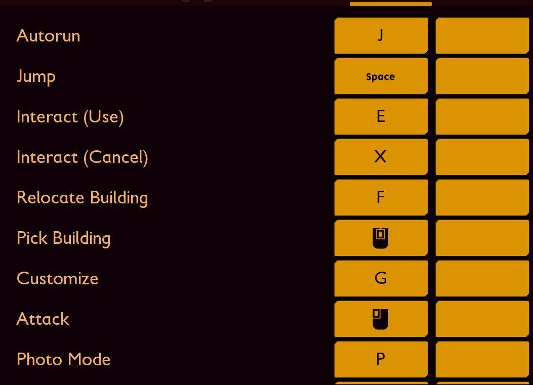 autorun key, jump key, moving and relocating building key binds from Grounded UI screenshot (English)