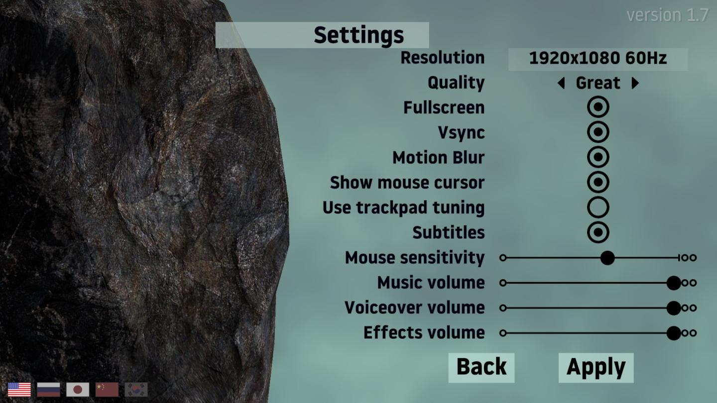 settings: display, sound and controls (mouse sensitivity etc) from Getting Over It with Bennett Foddy UI screenshot (English)