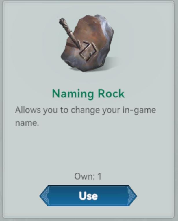 naming rock for changing your in-game name from Viking Rise UI screenshot (English)