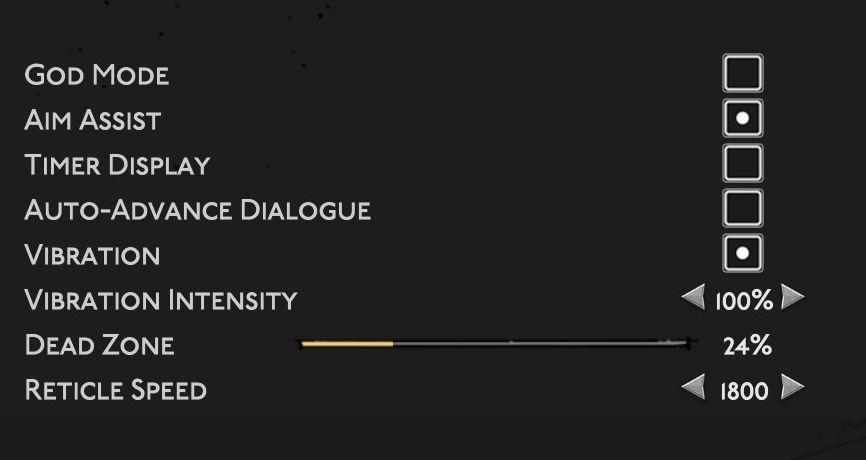 gameplay settings (vibration, aim assist, god mode..) from Hades II Early Access UI screenshot (English)