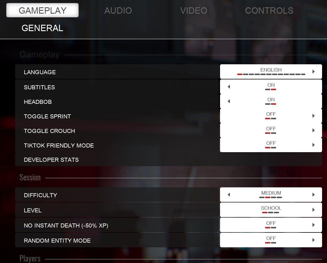 gameplay options, toggle crouch, difficulty, tik tok friendly mode from Panicore UI screenshot (English)
