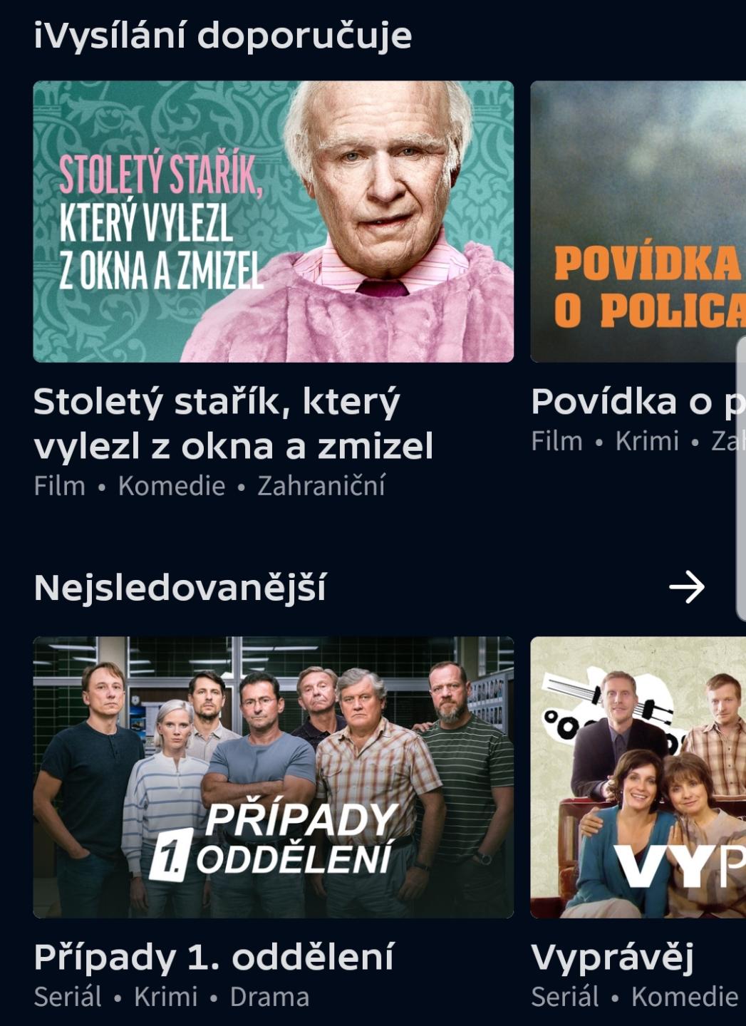 iVysílání doporučuje, nejsledovanější, kategorie seriálů from iVysílání UI screenshot (Czech)