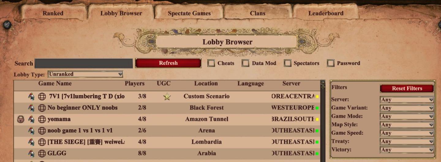 filters in multiplayer lobby: game mode, password, victory type from Age of Empires 2 Definitive Edition UI screenshot (English)