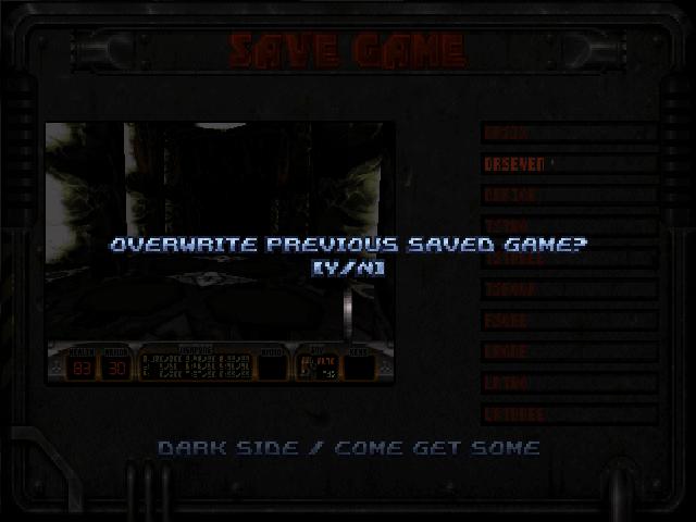 overwrite previous saved game? y/n from Duke Nukem 3D Atomic Edition UI screenshot (English)