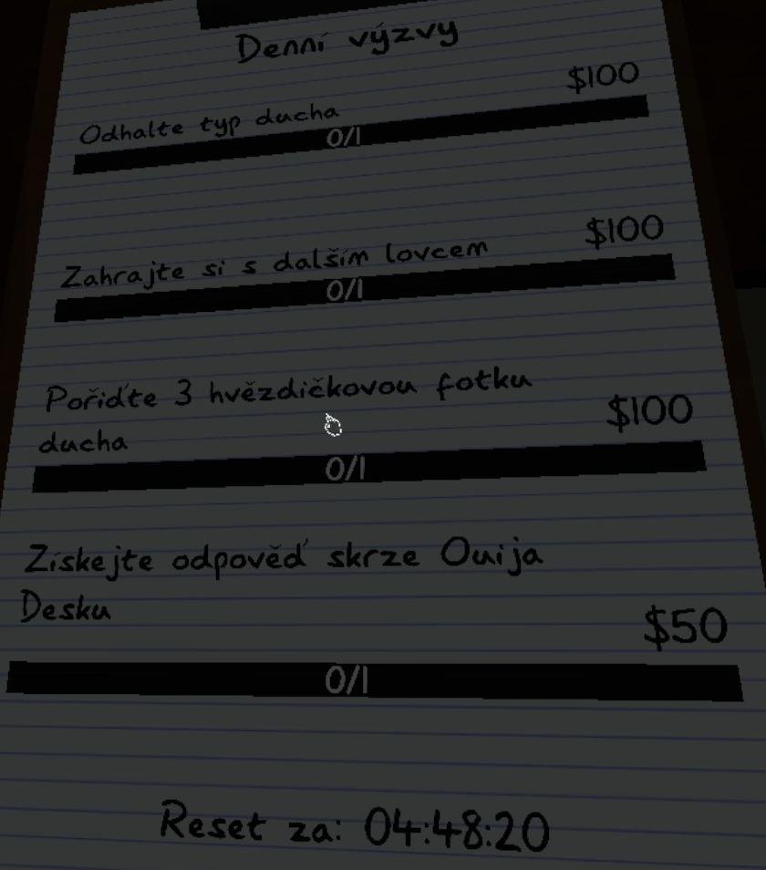 denní výzvy reset za odhalte typ ducha pořiďte fotografie from Phasmophobia UI screenshot (Czech)