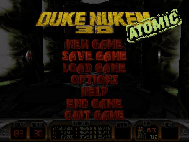 main menu (save game, load game, settings, exit..) from Duke Nukem 3D Atomic Edition UI screenshot (English)