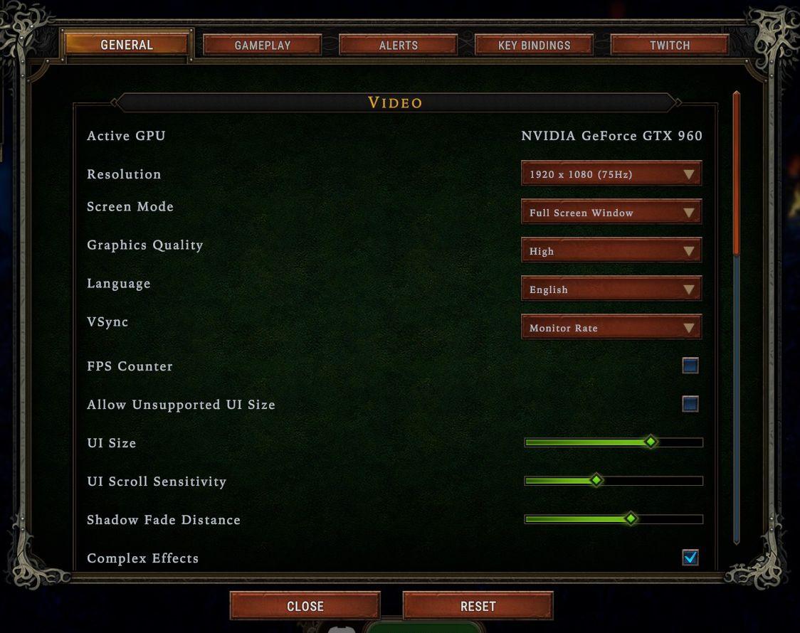 video and language settings under general settings from Against the Storm UI screenshot (English)