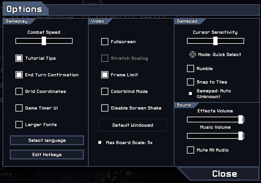 settings screen from Into the Breach UI screenshot (English)