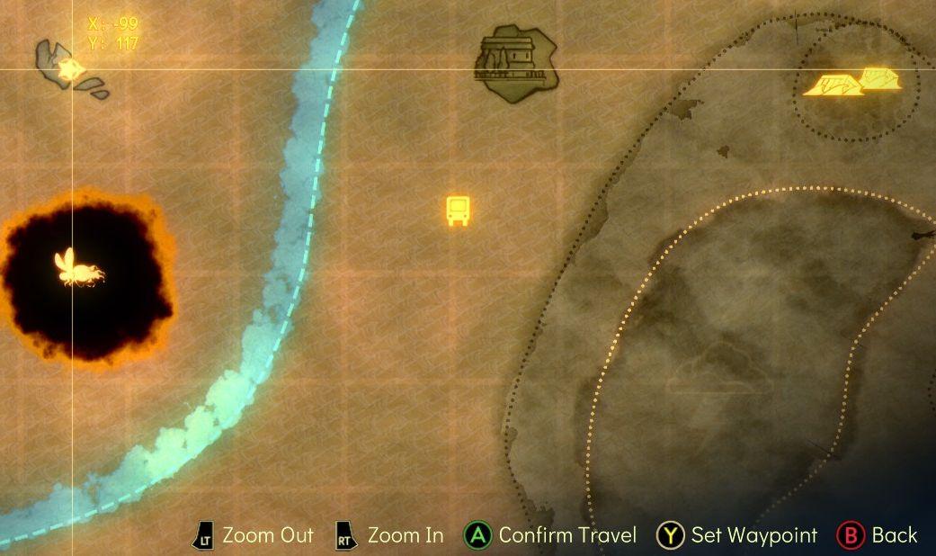 spiritfarer map controls - set waypoints and confirm travel from Spiritfarer: Farewell Edition UI screenshot (English)