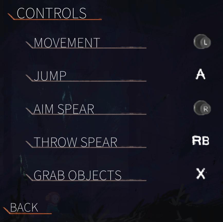 controls settings aim throw spear, jump, grab objects from Out of Line UI screenshot (English)