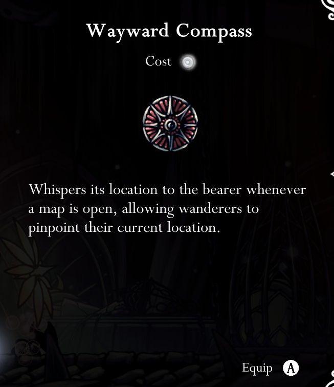 equip wayward compass from Hollow Knight UI screenshot (English)