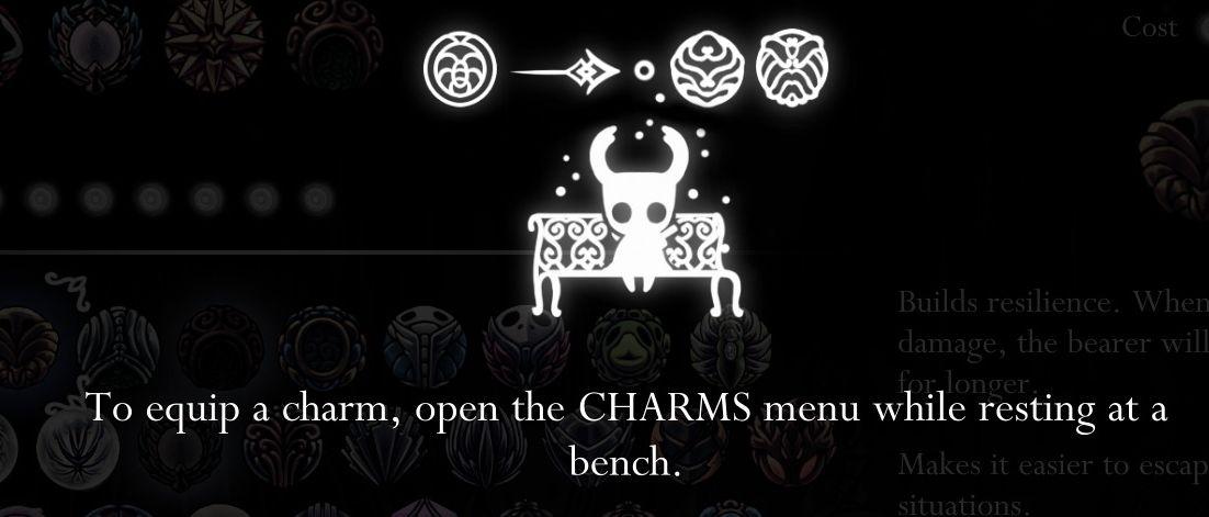 you must be resting on a bench to equip a charm from Hollow Knight UI screenshot (English)