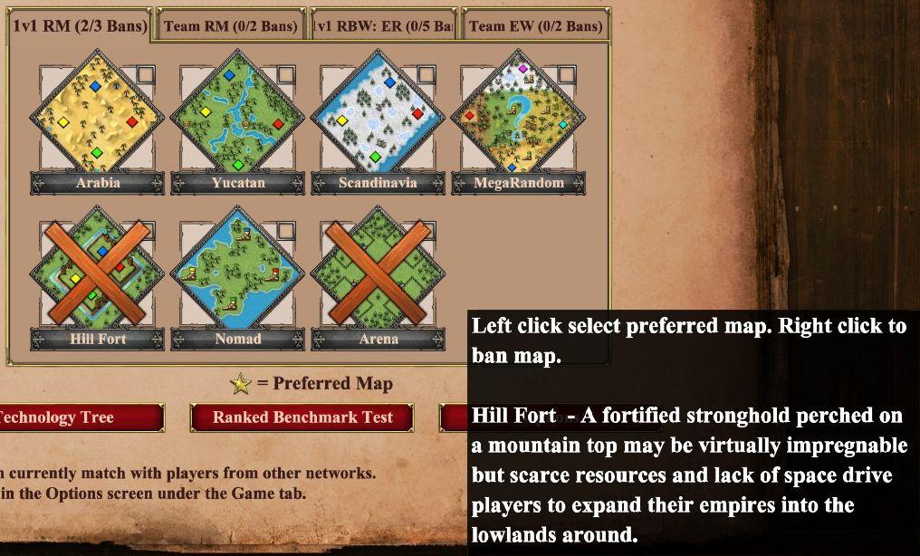 left click: select preferred map, right click: ban map from Age of Empires 2 Definitive Edition UI screenshot (English)